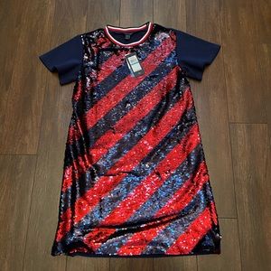 Red and blue sequins shirt dress